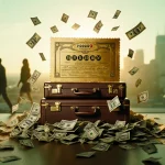 Powerball golden ticket resting atop stack of briefcases with fluttering lottery tickets and dollar bills in sunlit gradient.