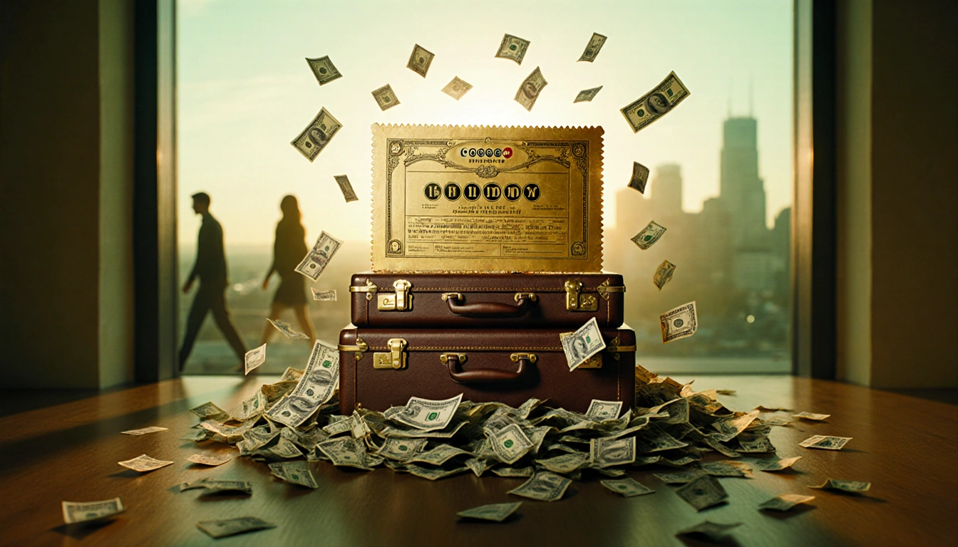 Powerball golden ticket resting atop stack of briefcases with fluttering lottery tickets and dollar bills in sunlit gradient.