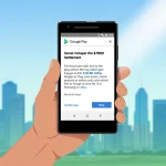 Person holding smartphone showing Google Play Store notification of $700M settlement with Texas cityscape and blue‑green grad