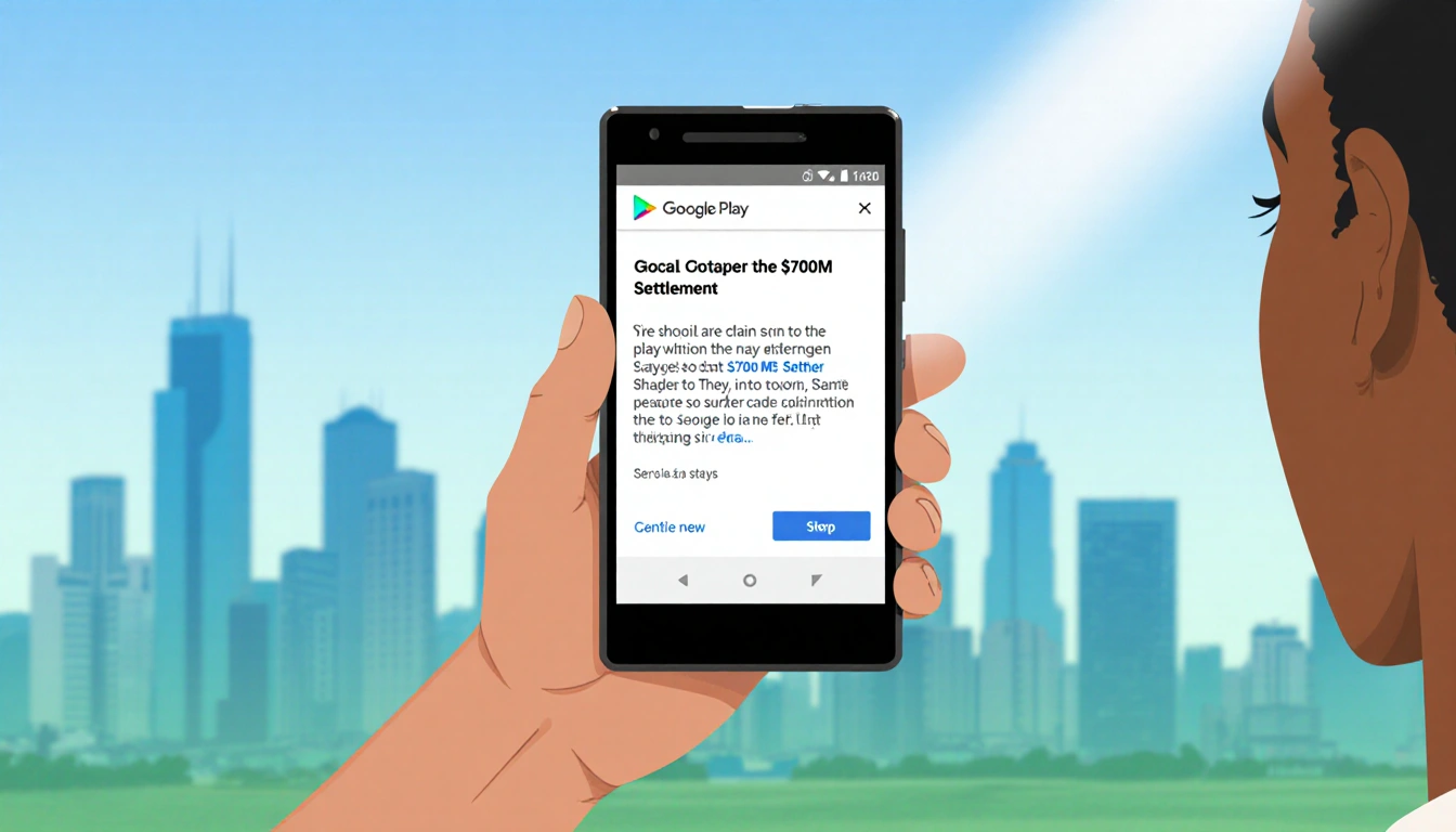 Person holding smartphone showing Google Play Store notification of $700M settlement with Texas cityscape and blue‑green grad
