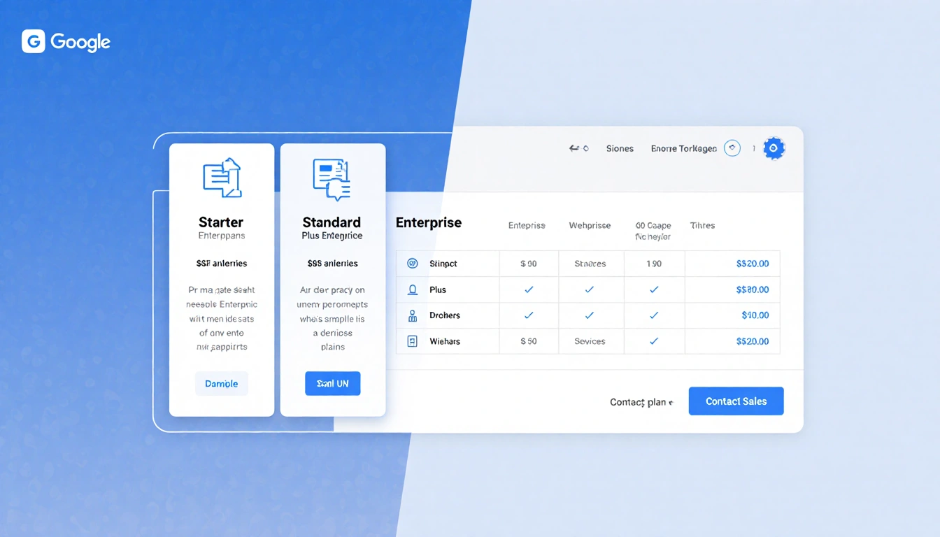 Split-screen graphic illustrates Google Workspace plans with icons on left and a table on right in light blue and pale gray.