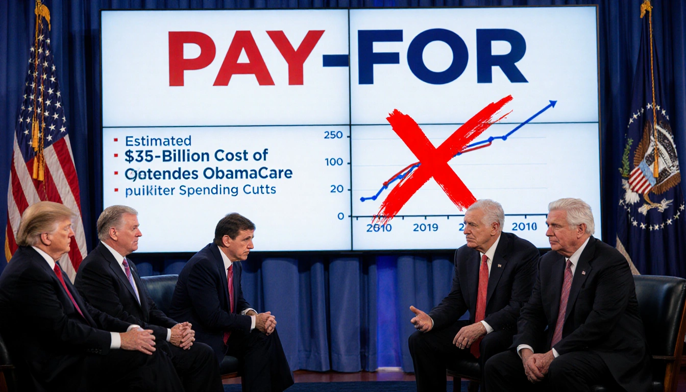 GOP leaders stare sternly across from moderates with a Pay-For banner marked X and split-screen cost display