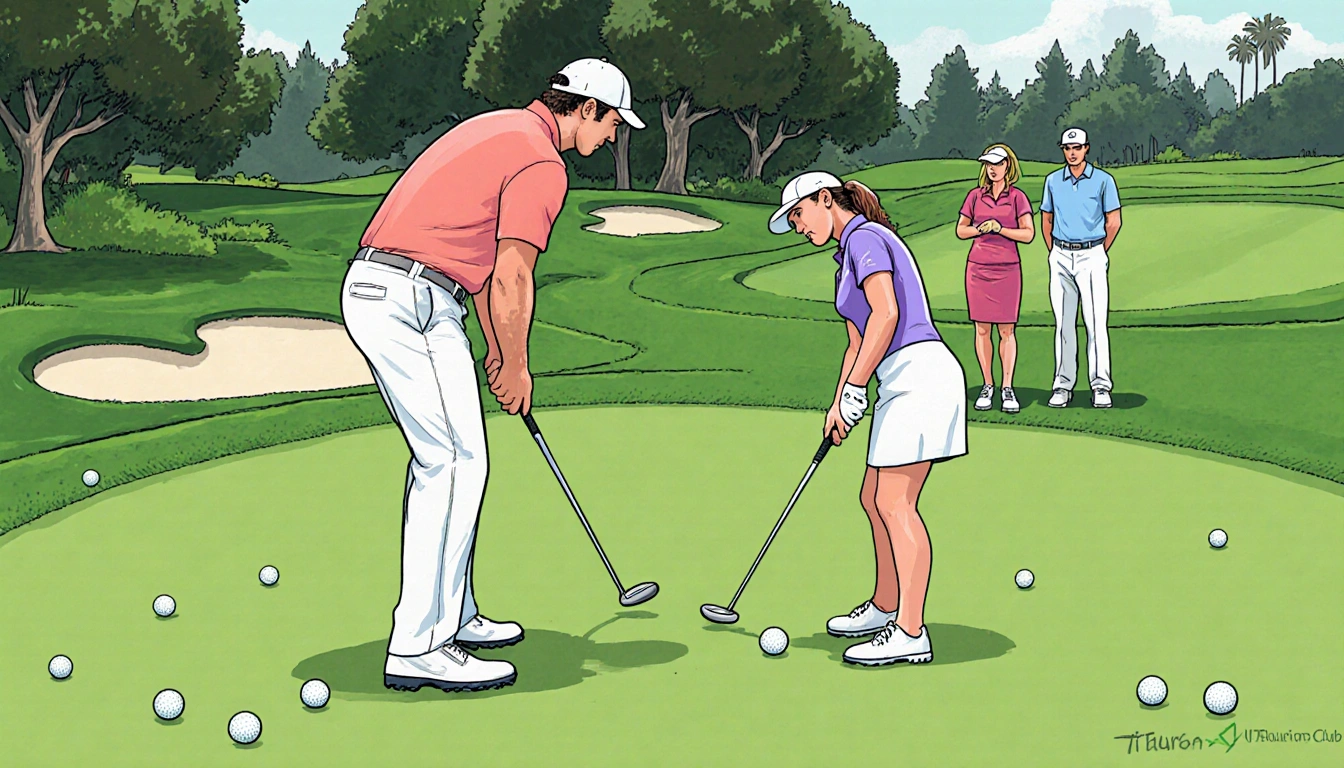 Chris and Jennifer struggle to find the green on par‑5 17th with balls while Novak and Coughlin watch poised for the lead