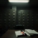 Redacted file lying open on a desk with flickering fluorescent light revealing a faint image of President Trump