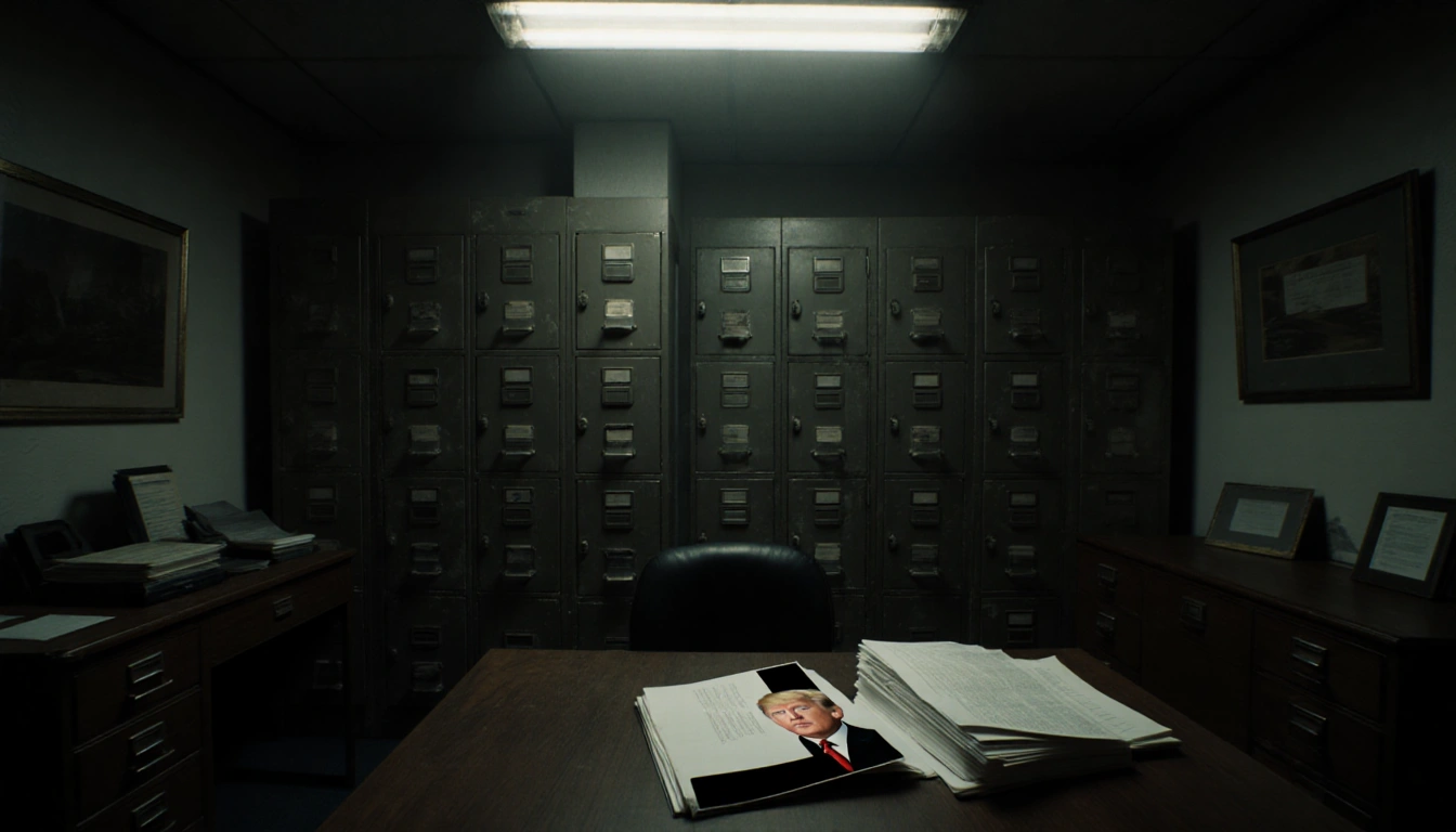 Redacted file lying open on a desk with flickering fluorescent light revealing a faint image of President Trump