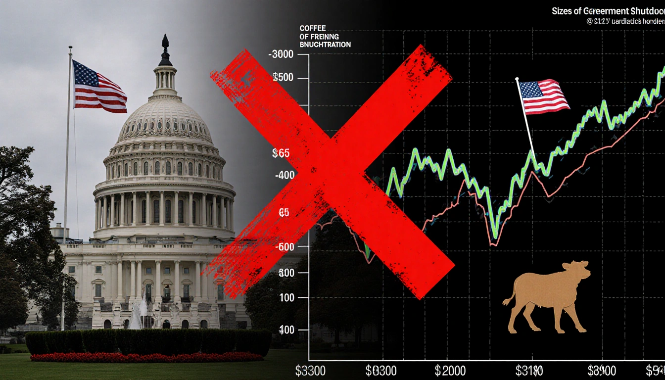 Chart showing canceled data points with a red X blurred White House backdrop showing rising coffee beef prices amid inflation