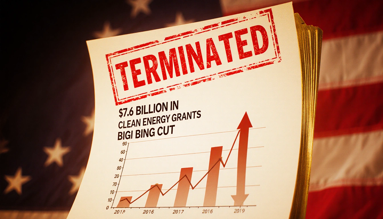 Government report stamped Terminated with red stamp shows $7.6B clean energy cuts on chart with arrows and flag background.