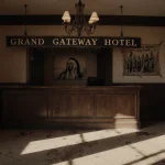 Flickering lamp casts shadows over carpet in Hotel lobby with