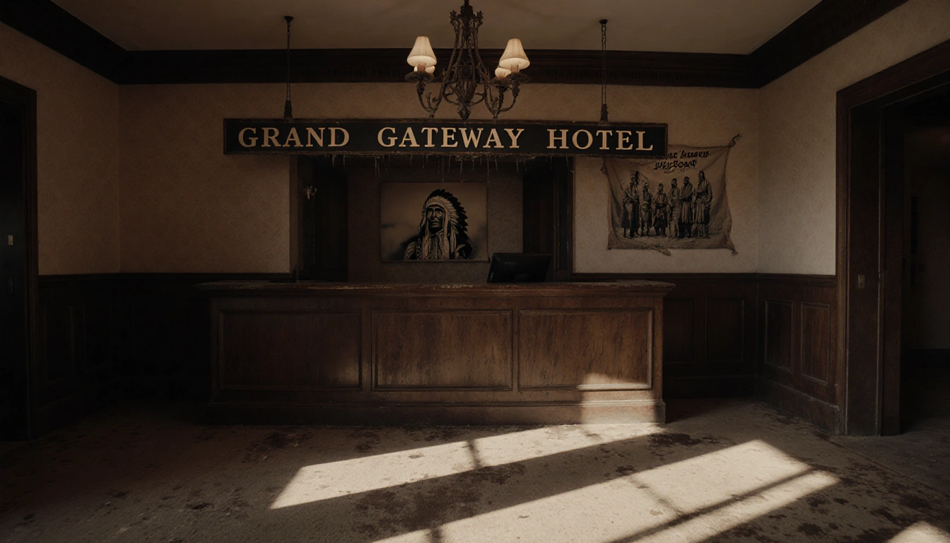 Flickering lamp casts shadows over carpet in Hotel lobby with