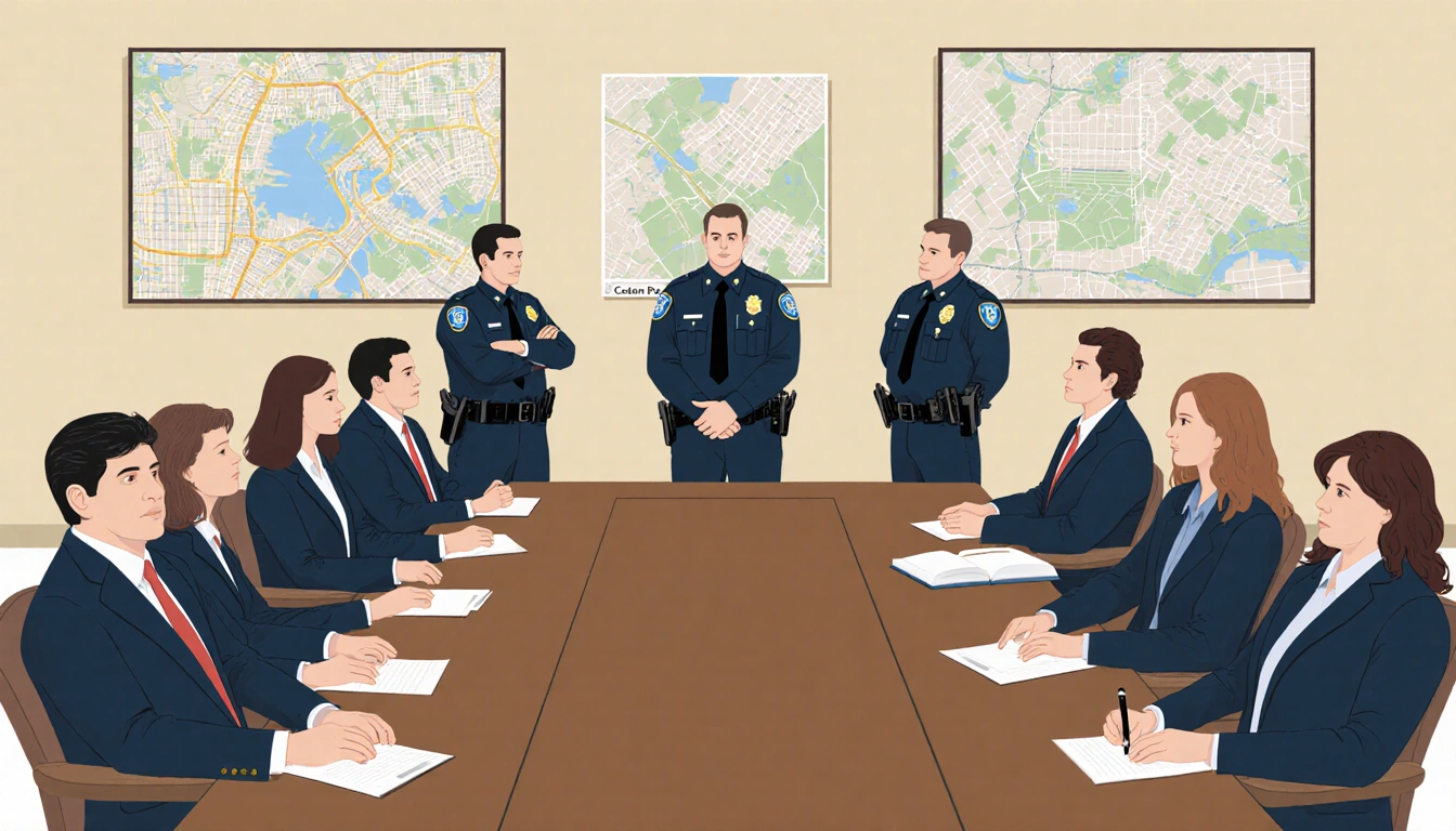 Grand jury jurors sit around a large wooden table with Cedar Park police officers standing behind them