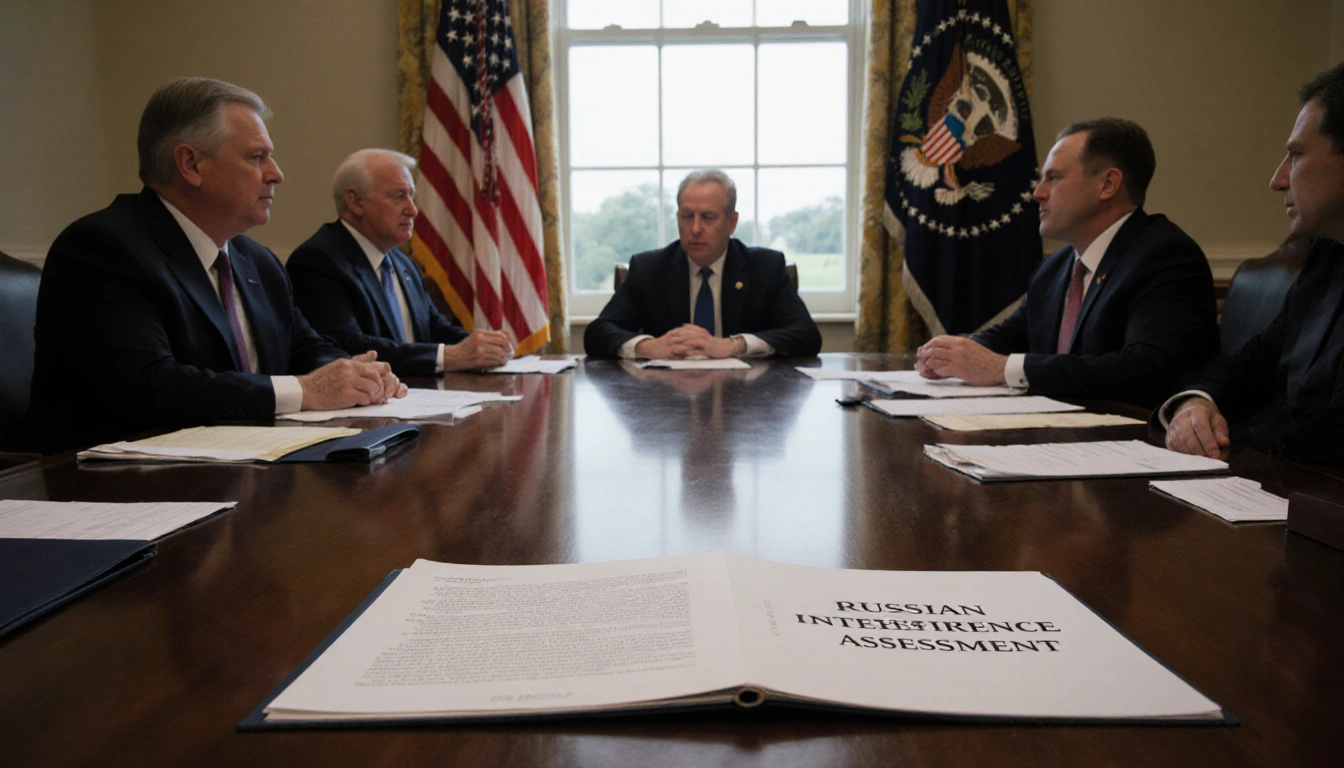 Officials seated around a grand jury table with a Russian Interference Assessment document and scattered papers.