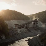 Graphite mine operates with modern machinery and golden dawn light beside trees.