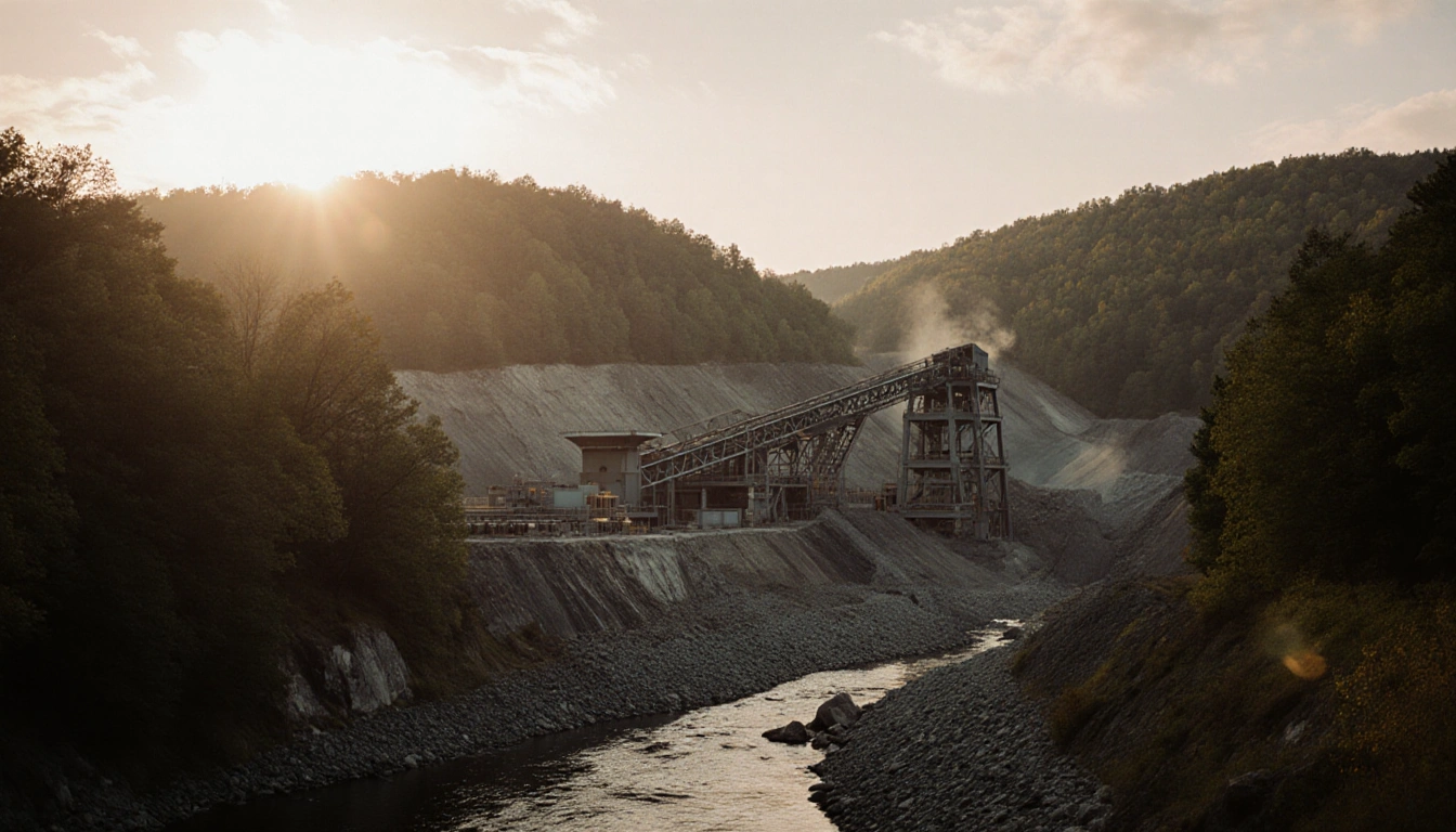 Graphite mine operates with modern machinery and golden dawn light beside trees.
