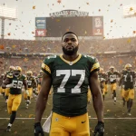 Emanuel Wilson standing on the field with teammates rushing toward him and Lambeau Stadium lights illuminating autumn sky.