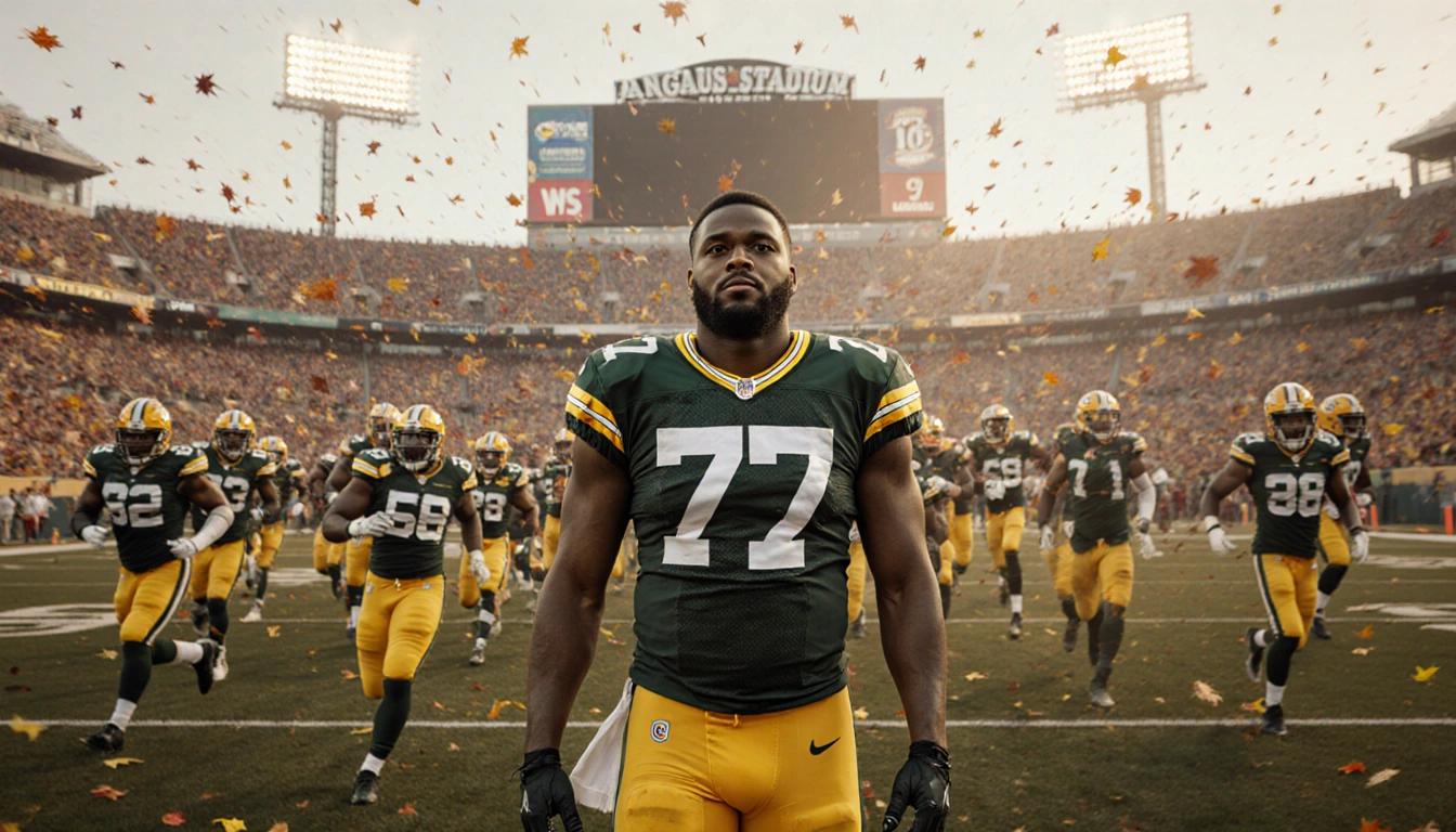 Emanuel Wilson standing on the field with teammates rushing toward him and Lambeau Stadium lights illuminating autumn sky.