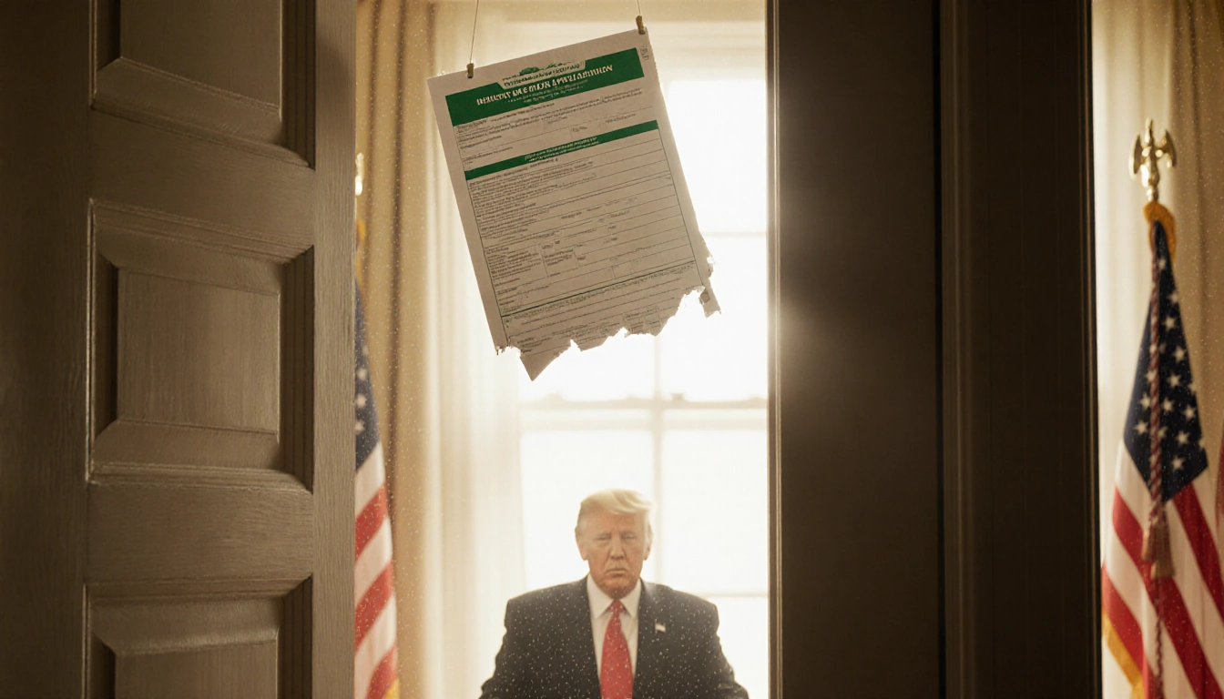 Suspended green card lottery form hanging from white door with fluttering American flags and President Trump silhouette