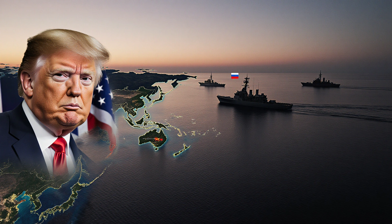 Trump's face watches ships near Greenland coast at dusk with U.S. flag and foreign vessels.