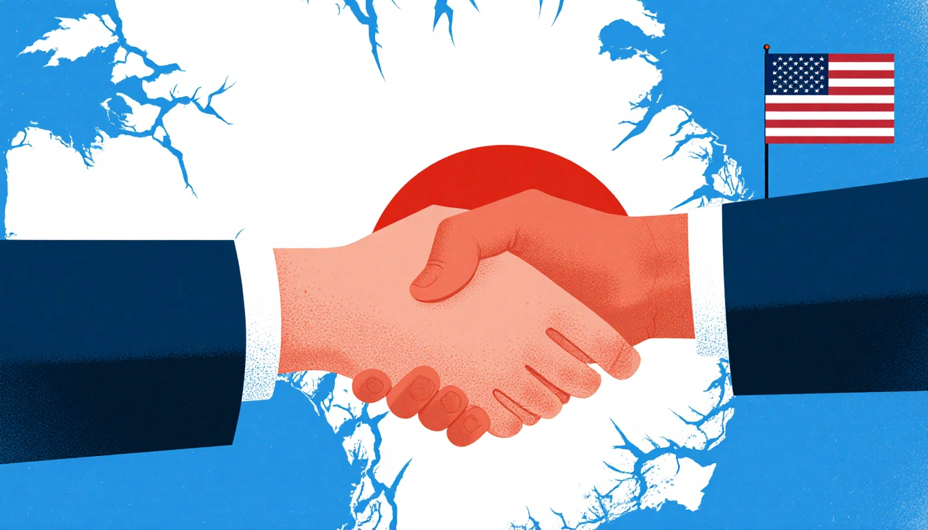 Hands shaking over a stylized Greenland map with red borders cracks indicating fragile sovereignty near faint American flag.