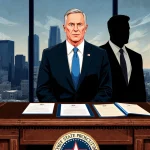 Governor Abbott standing at desk with Texas seals and Elon Musk silhouette against Austin skyline