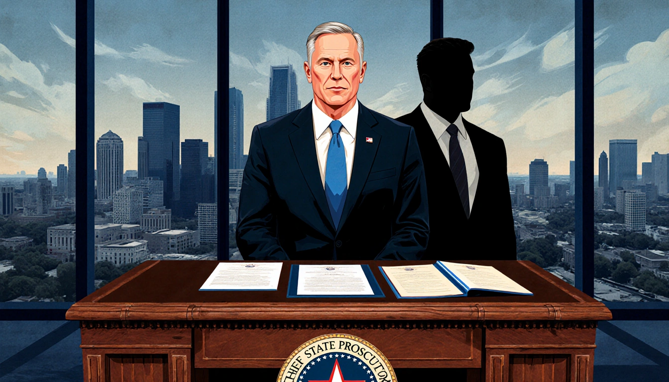 Governor Abbott standing at desk with Texas seals and Elon Musk silhouette against Austin skyline