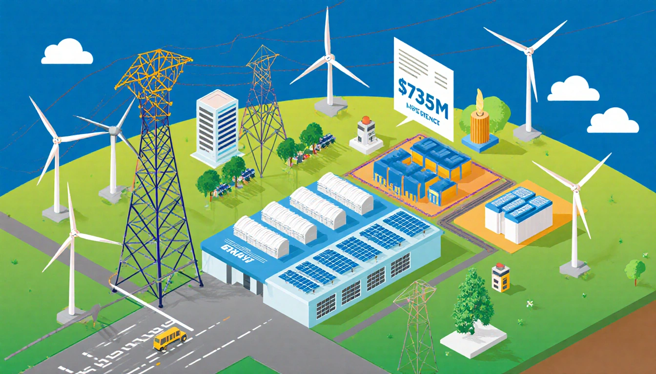 Colorful grid illustrates $735M investment plan with solar panels wind turbines and battery banks