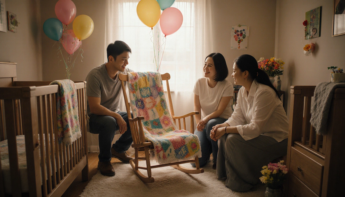 Family members gather around rocking chair with warm light and balloons and soft tears and faint smiles