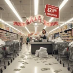 Frazzled shopper checking out with stacks of receipts and bills and a crooked sale banner under fluorescent lights.