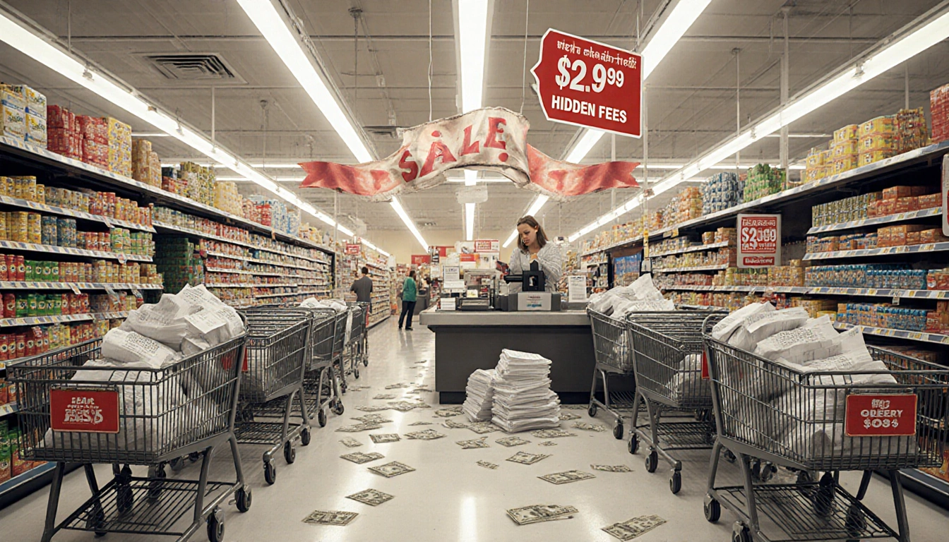 Frazzled shopper checking out with stacks of receipts and bills and a crooked sale banner under fluorescent lights.