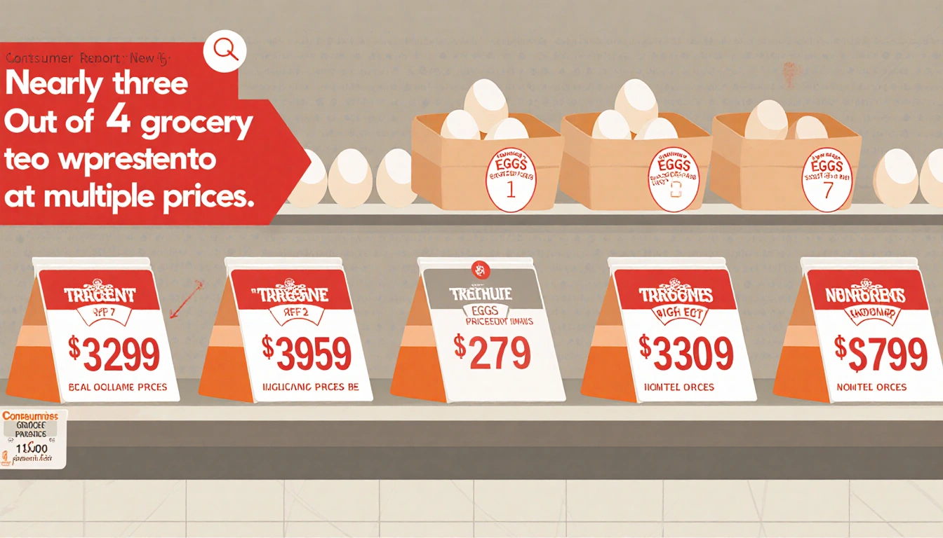 Grocery shelf shows egg cartons with varied price tags and arrows highlighting price discrepancy in bold typography