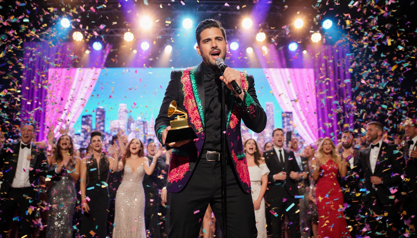Lead singer of Grupo Frontera holds a Grammy nomination award with vibrant lights and confetti during a celebratory concert.