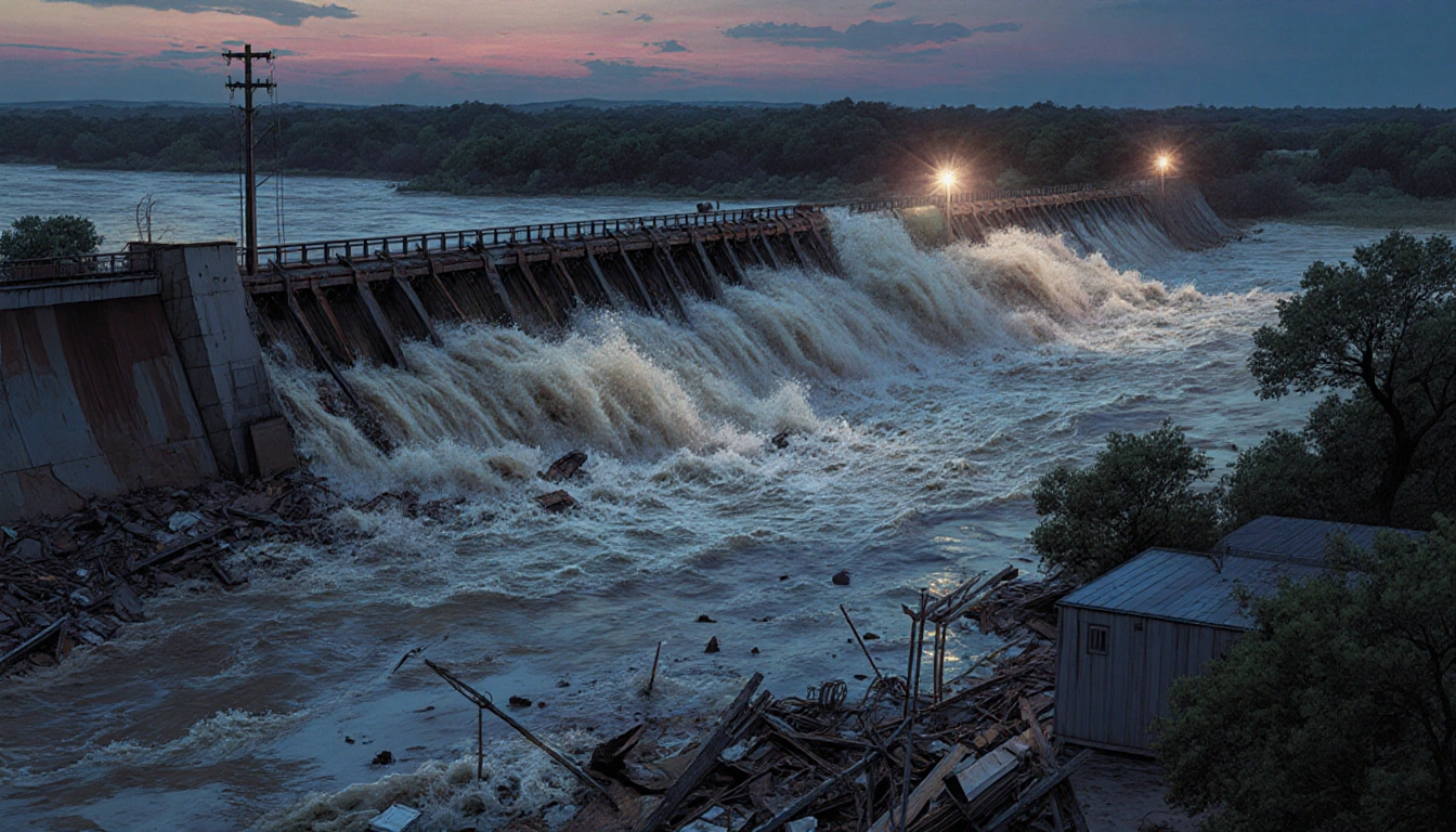 Breached levee releasing swirling river water with debris and broken buildings illuminated by floodlights