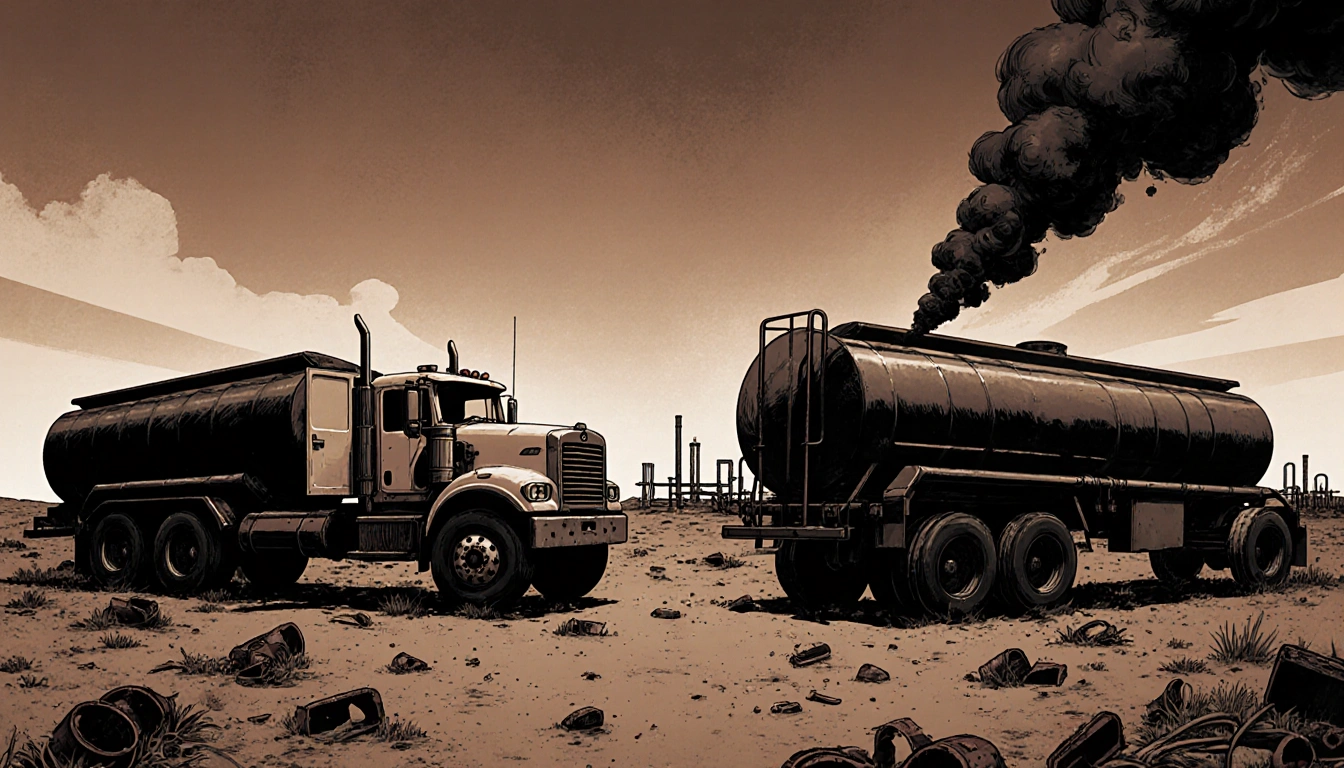 Tanker trucks face off with cargo door open and wheels raised smoke rises from pipelines and debris.
