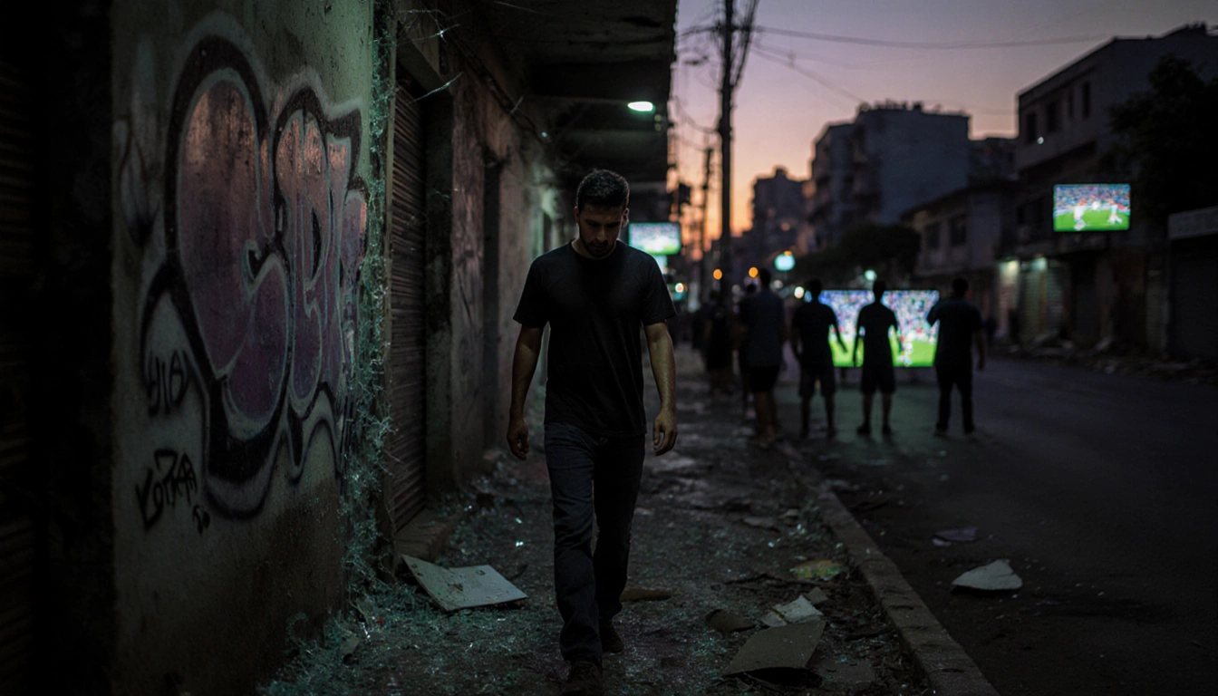 Mario Pineida stands near graffiti wall in Guayaquil with shattered glass and watching broken screens.