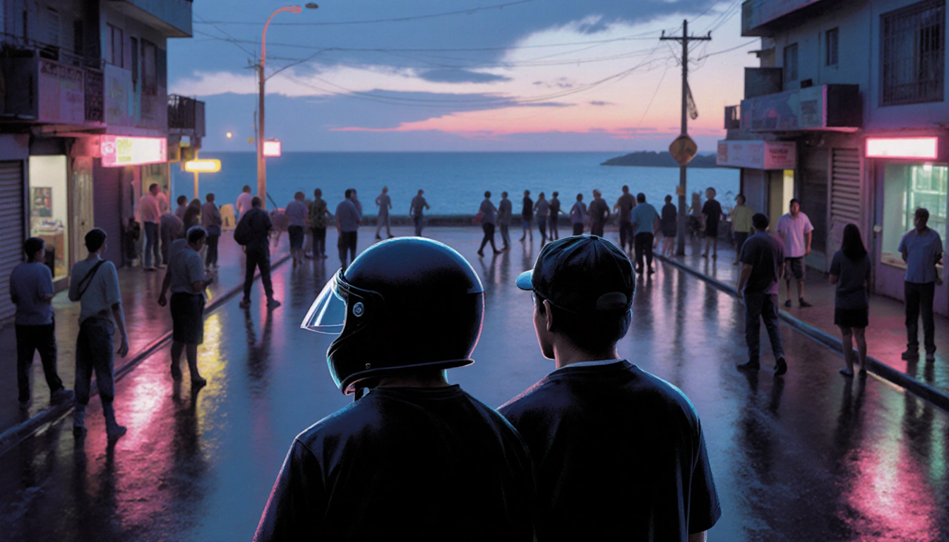 Cristian P.G. and Jimnery P.B. stand side by side with motorcycle helmet and cap near wet pavement with neon reflections duri