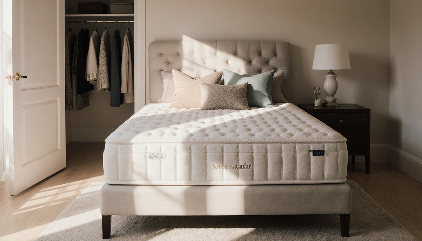 Marshmallow‑like tufted mattress resting in soft natural light with decorative pillows and an open closet door