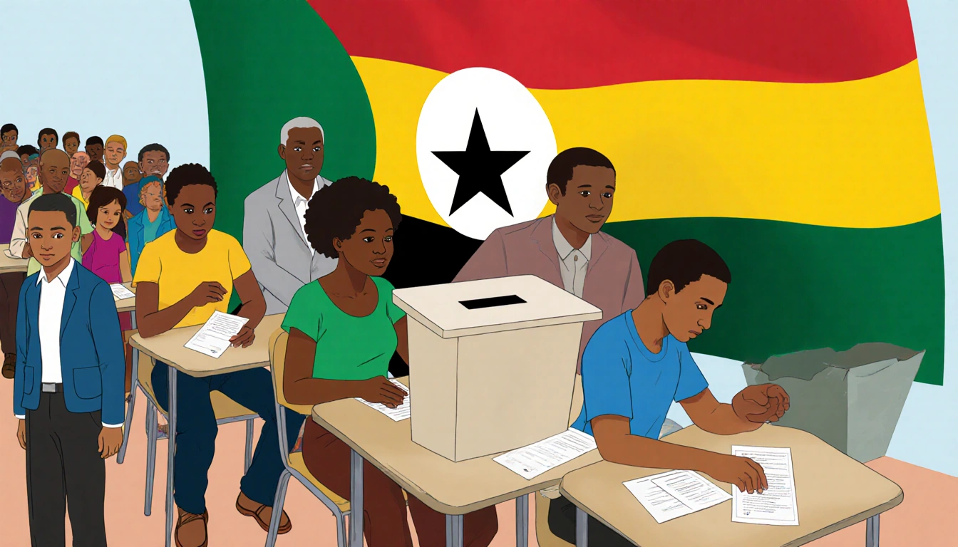 Voters casting ballots with Guinea flag in background and hopeful line outside.