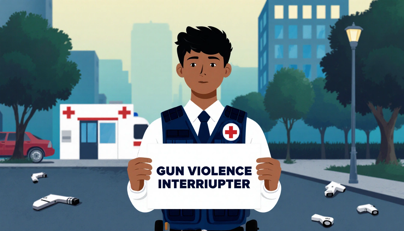 17-year-old youth standing holding Gun Violence Interrupter sign with program logo and blurred hospital in background