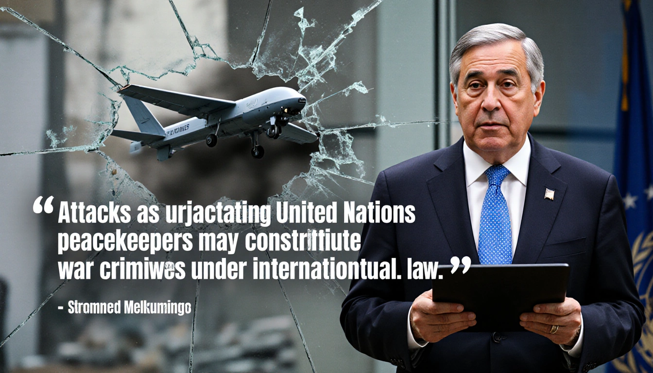 UN Secretary‑General Guterres standing with tablet showing quote about war crimes amid faint drone strike through broken glas
