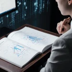 Young professional studying an open H-1B visa book with a complex graph and a subtle digital grid in the background