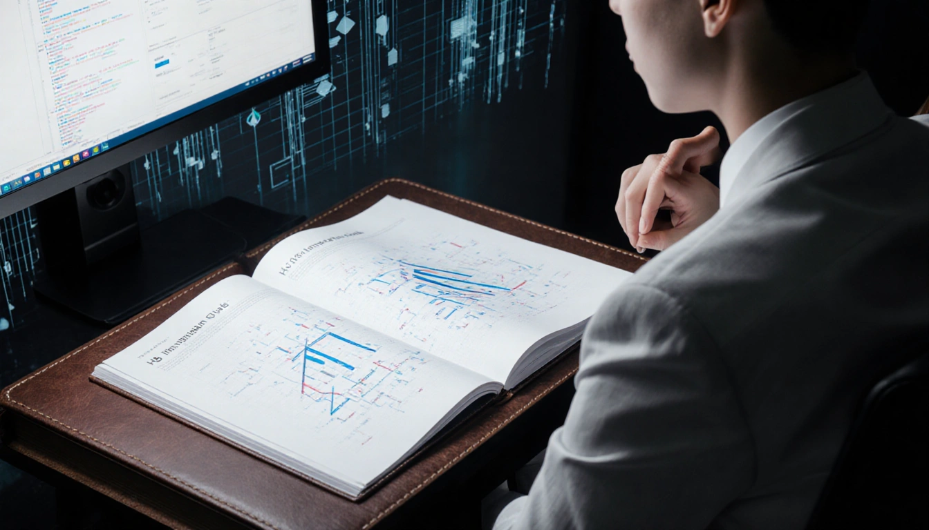 Young professional studying an open H-1B visa book with a complex graph and a subtle digital grid in the background