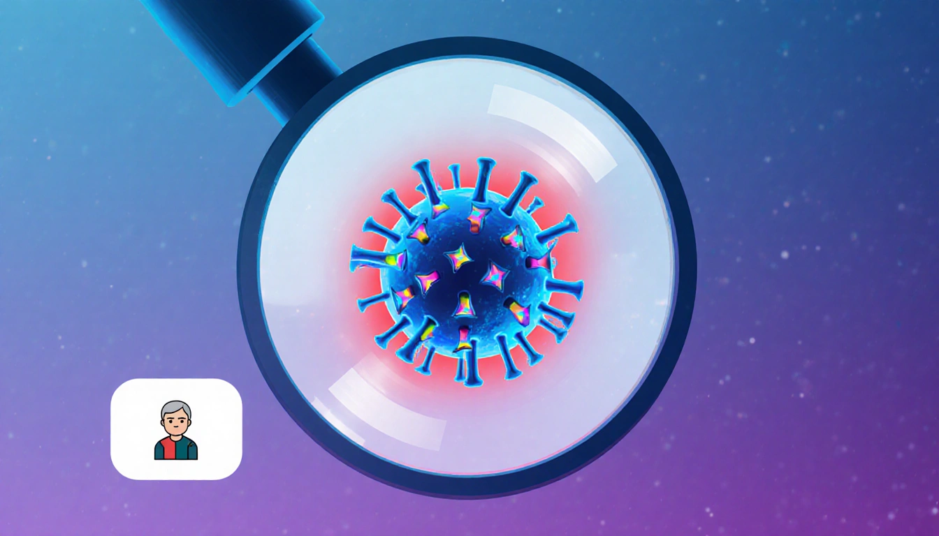 Flu virus glows with red halo against blue-purple vaccine gradient near elderly icon.