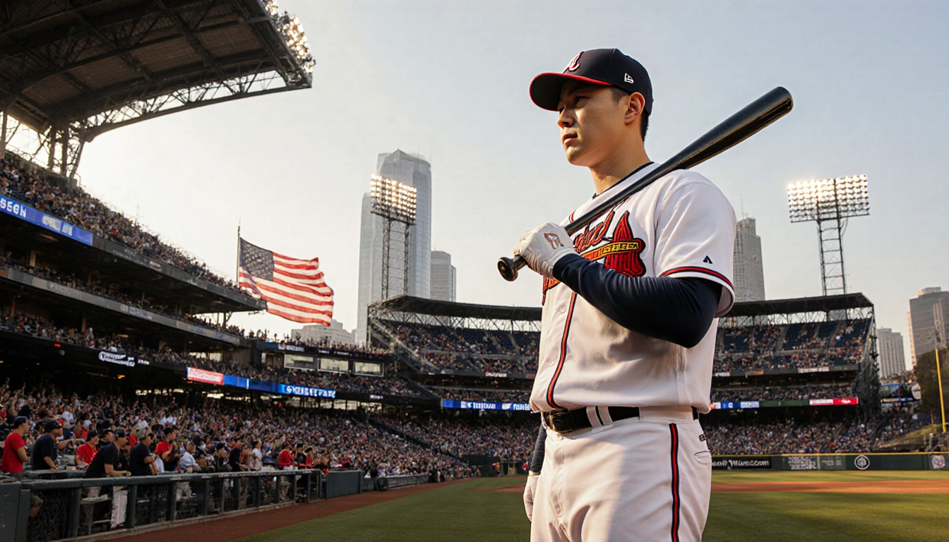 Ha-Seong Kim stands at home plate with bat slung over shoulder and Braves cap flag waves Atlanta skyline shows through roof.