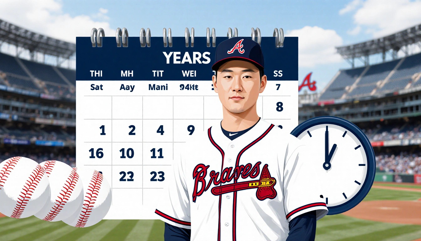 Ha-Seong Kim standing beside a calendar countdown and a ticking clock with baseballs and a blurred Braves stadium background