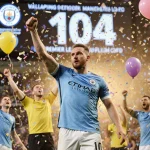 Erling Haaland raising his arm over a giant scoreboard showing 104 with confetti and Manchester City fans