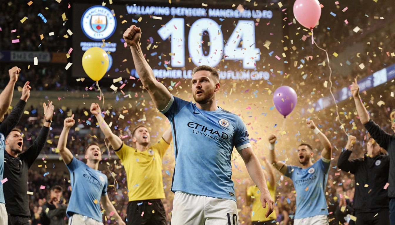 Erling Haaland raising his arm over a giant scoreboard showing 104 with confetti and Manchester City fans