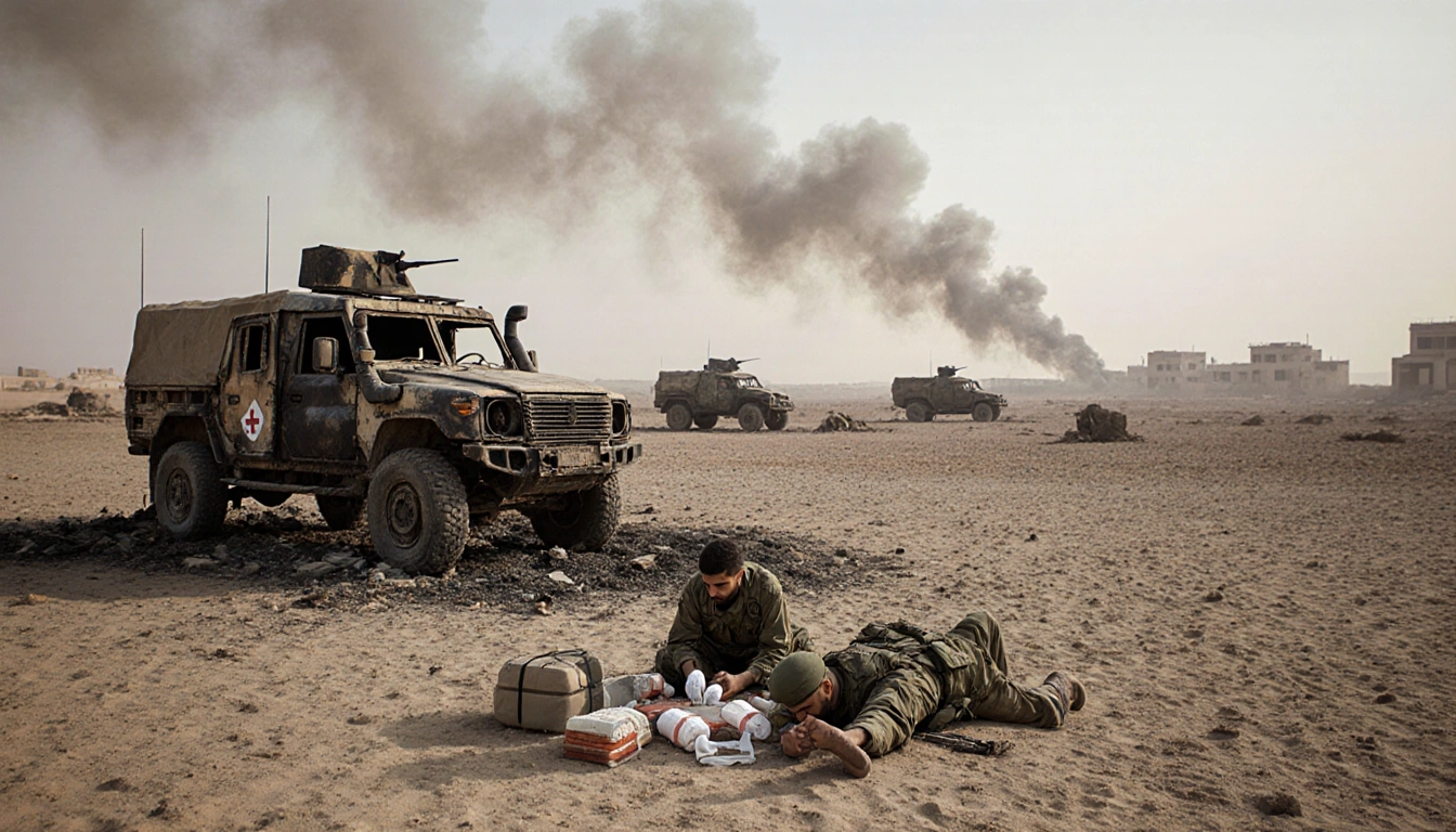 Two separatist fighters lying on ground with medical supplies and a faint smoke plume in a dusty eastern Hadramout landscape