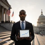 Hakeem Jeffries standing on Capitol steps holding a tablet showing rising health costs with a warm sunset glow
