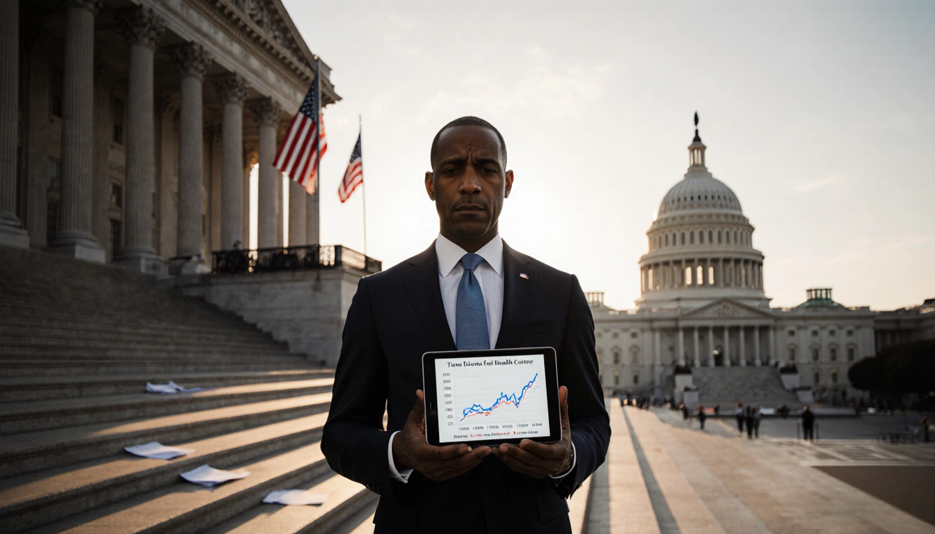 Hakeem Jeffries standing on Capitol steps holding a tablet showing rising health costs with a warm sunset glow