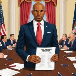 Jeffries holds a discharge petition while addressing Republicans near a table with scattered papers and overturned chairs