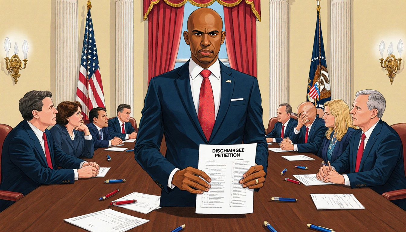 Jeffries holds a discharge petition while addressing Republicans near a table with scattered papers and overturned chairs